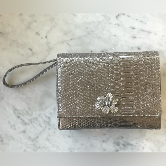 Neiman Marcus Silver Snake-embossed Wristlet, rhinestone & faux pearl accent
